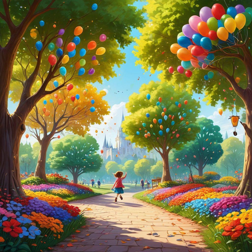 A whimsical and colorful scene featuring a group of animated characters, including friendly animals and playful children, enjoying their time together in a vibrant park filled with balloons and candy. Each character is engaging in fun activities like playing, painting, and laughing, surrounded by lush trees and flowers. The atmosphere is cheerful and inviting, capturing the joy of childhood. bright and cheerful. vector art. vibrant colors.