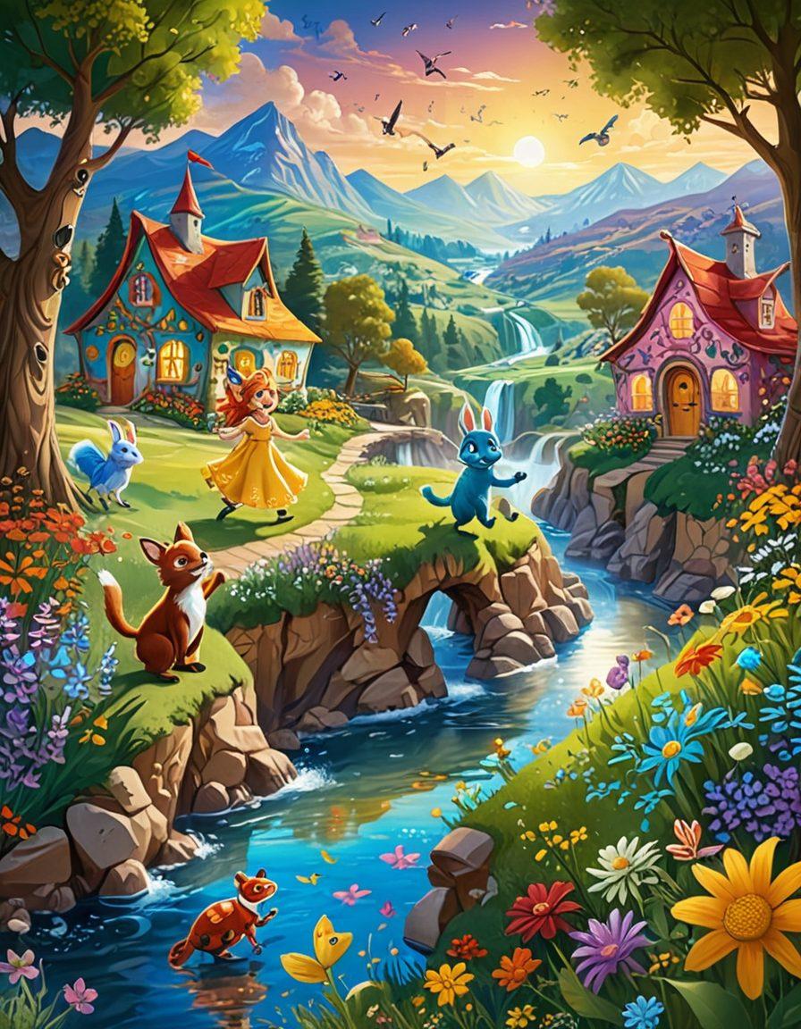 A whimsical scene filled with colorful, joyful animated characters from popular kids' films and cartoons, engaging in playful activities together in a vibrant, fantastical landscape. Include elements like rolling hills, sparkling rivers, and bright flowers, capturing the essence of laughter and family fun. Showcase a diverse range of characters, from adventurous animals to silly creatures, to reflect inclusivity and joy. super-realistic. vibrant colors. fantasy style.