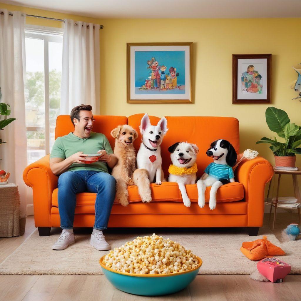 A colorful collage of iconic comedy cartoon characters, engaging in playful antics while surrounded by a bright, cheerful background. Include a family watching cartoons together on a cozy couch, laughter and joy capturing the moment. Incorporate elements like popcorn, a fluffy dog, and whimsical decorations to enhance the warmth of family bonding. cartoon style. vibrant colors. cheerful and whimsical.